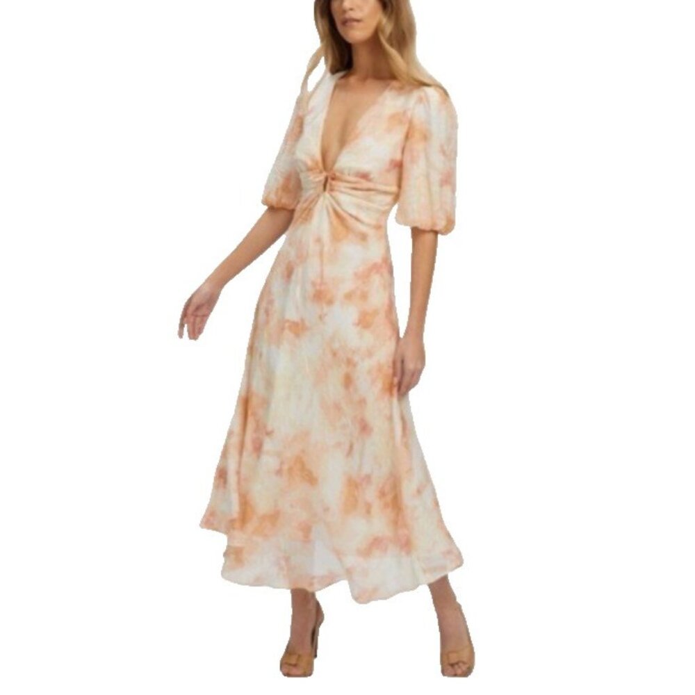 Bardot Farlow V-Neck Midi Dress in Sunshine XXL 12 Peach Pink Cotton Lined NEW